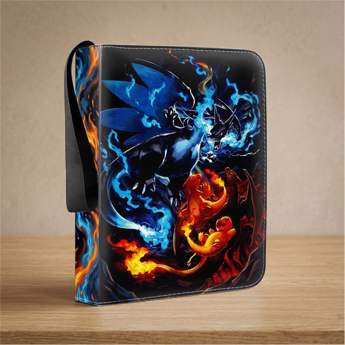 Charizard and Charmander surrounded by blue and orange flames — design concept