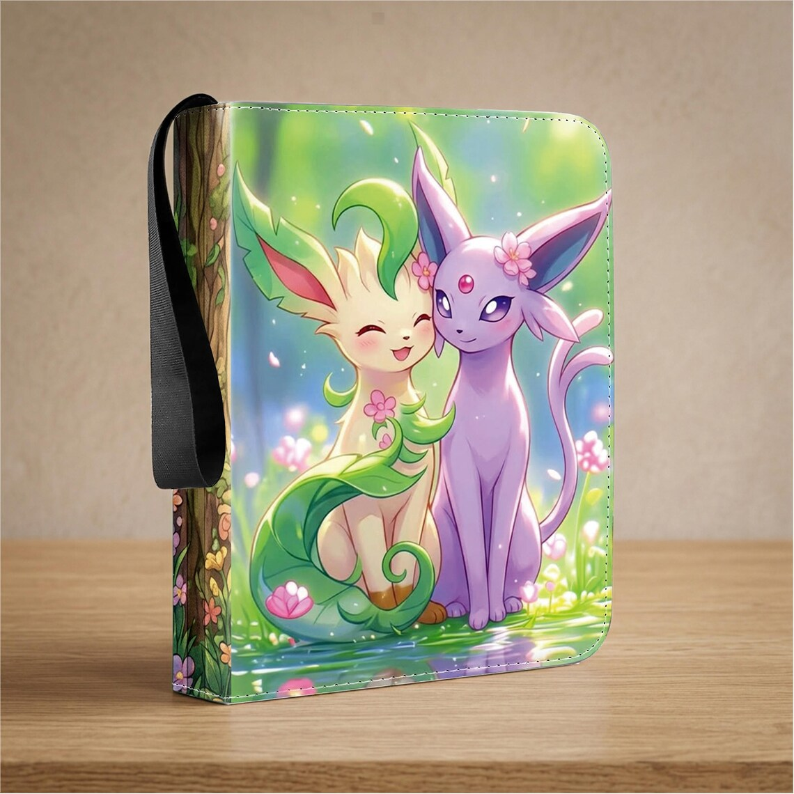 Leafeon and Espeon together in a flower-filled forest — design concept