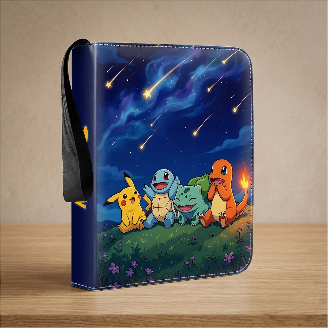 Pikachu, Squirtle, Bulbasaur and Charmander beneath shooting stars — design concept